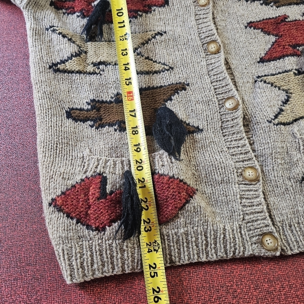 Vtg Jayson Younger Womens Wool Aztec Cardigan Sz L Tan Apron Pockets Art to Wear - Picture 8 of 10